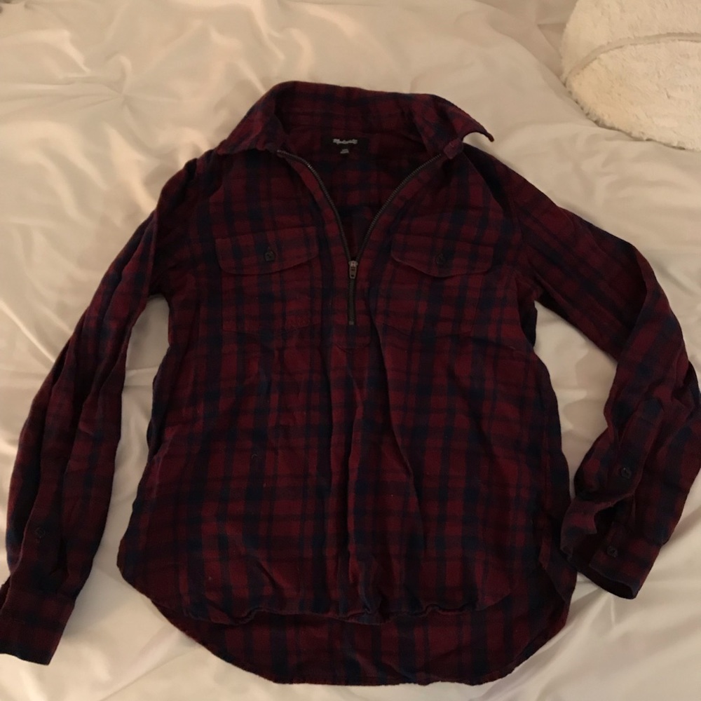 Red and navy plaid zippered shirt